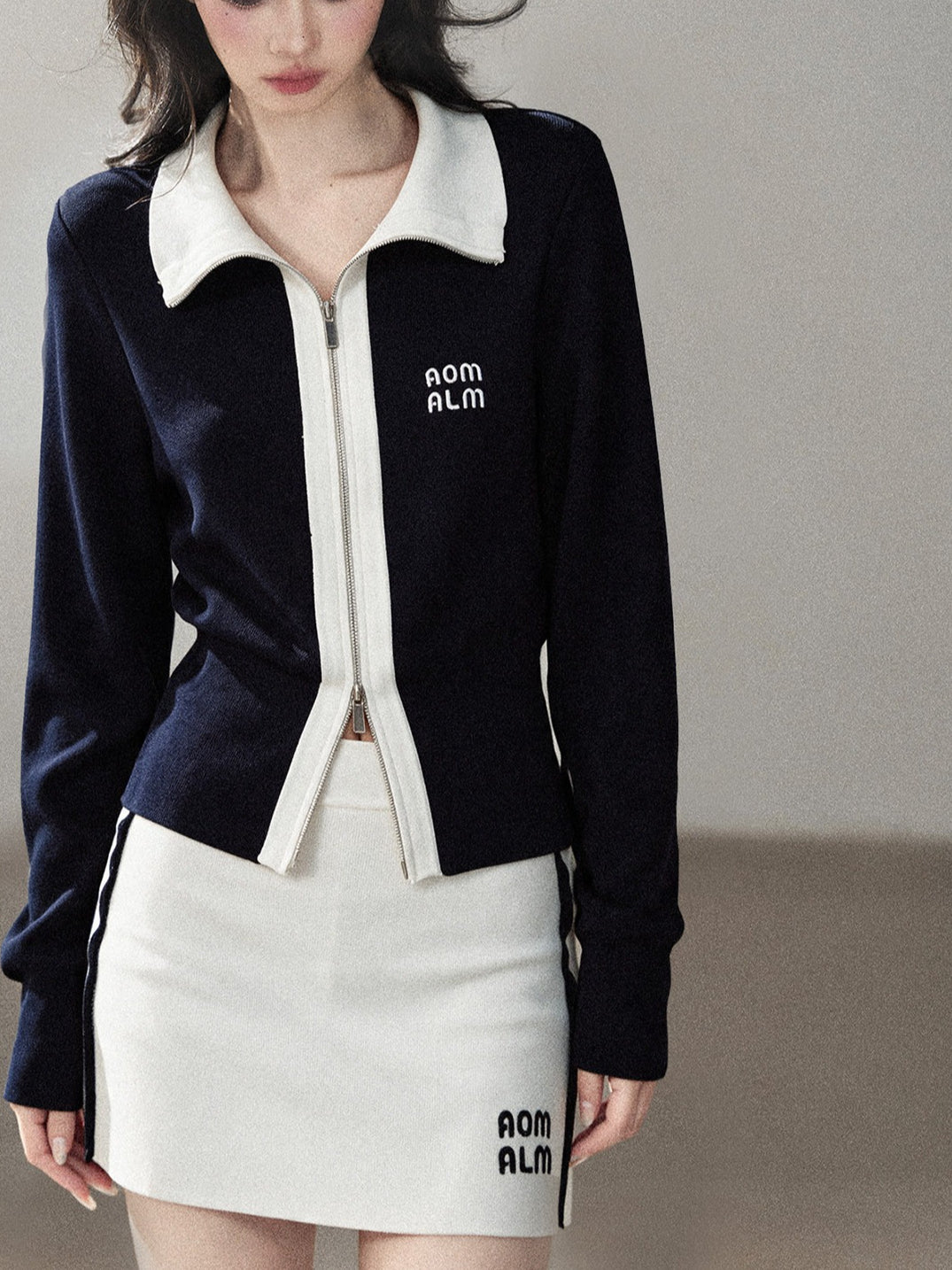 AOMALM - "Dream Beneath the Sea" Navy Blue Jacket & Mist White Mini Skirt Set