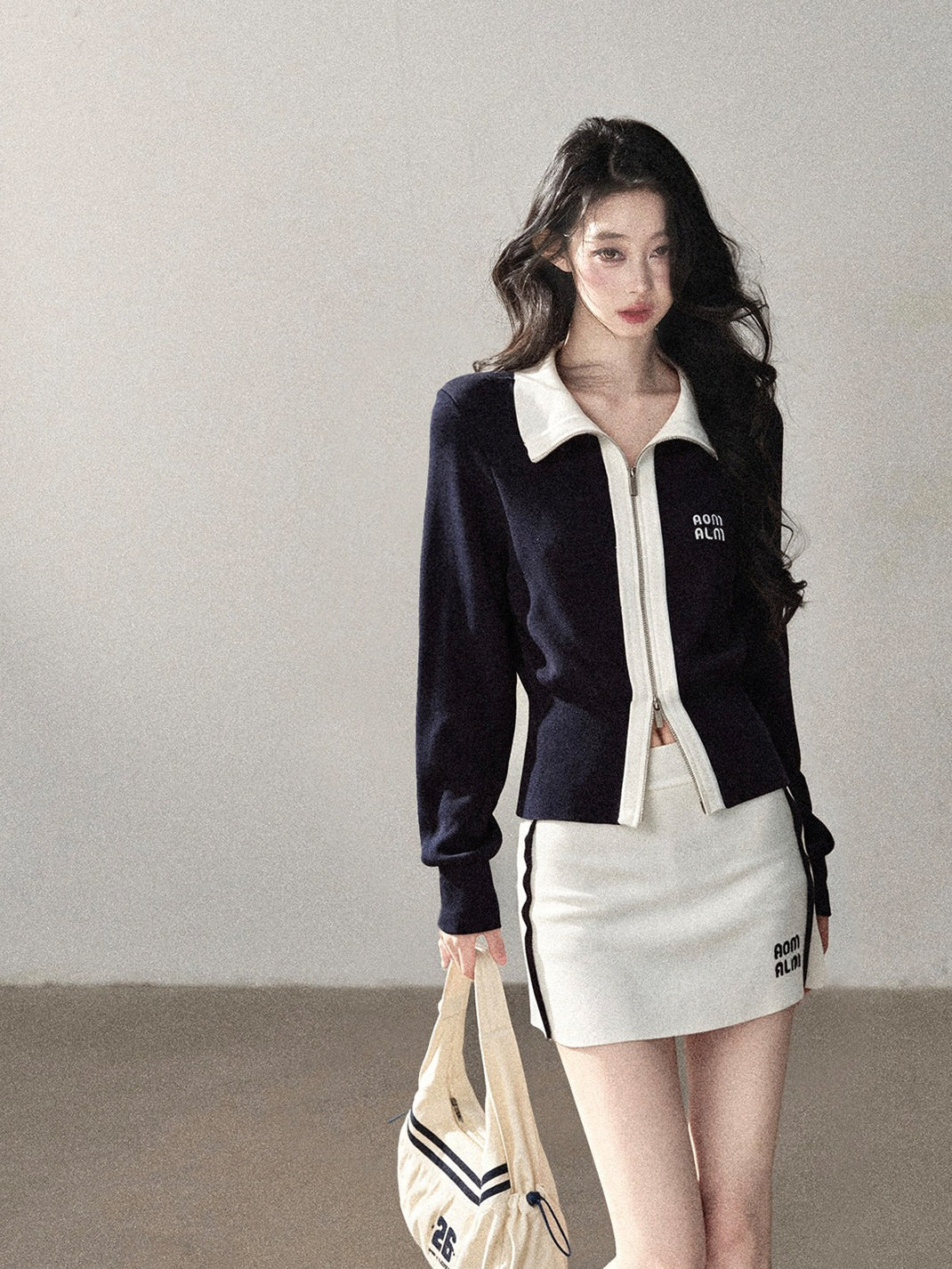AOMALM - "Dream Beneath the Sea" Navy Blue Jacket & Mist White Mini Skirt Set