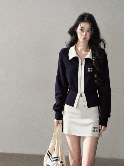 AOMALM - "Dream Beneath the Sea" Navy Blue Jacket & Mist White Mini Skirt Set