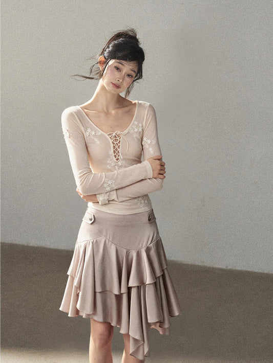 AOMALM - "Moonlight Pure" Pearl Mother-of-Pearl French-Inspired Long-Sleeve Cropped T-Shirt with Tie