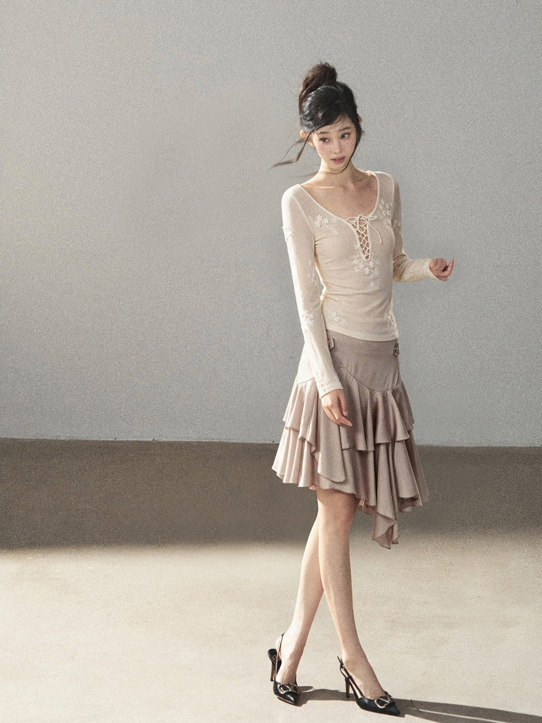 AOMALM - "Ginkgo & Evening Breeze" Misty Cloud Gray French Satin Skirt