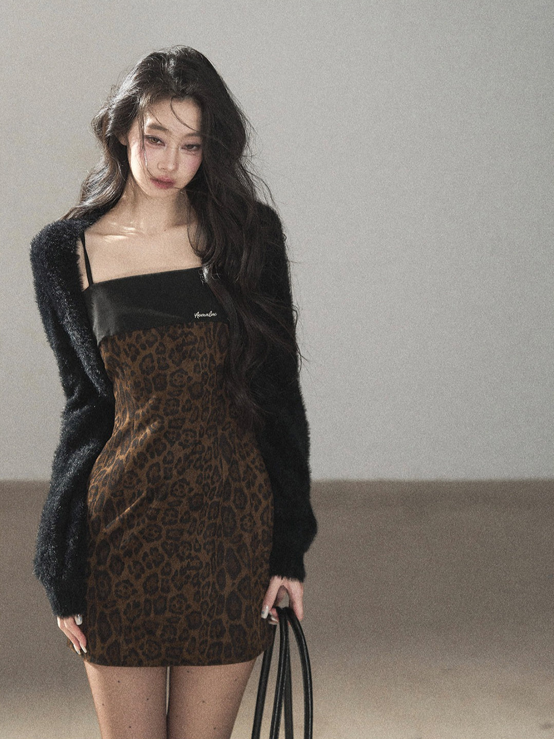 AOMALM - "Wildland Reverie" Slate Brown Leopard Print Fitted Cami Dress & Obsidian Black Shawl