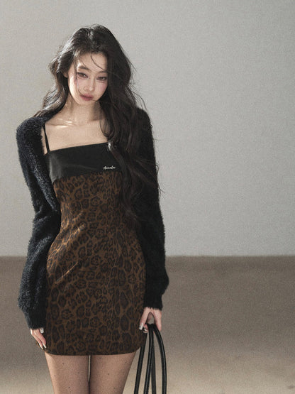 AOMALM - "Wildland Reverie" Slate Brown Leopard Print Fitted Cami Dress & Obsidian Black Shawl