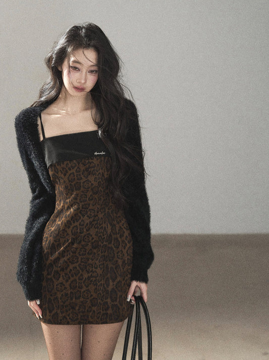 AOMALM - "Wildland Reverie" Slate Brown Leopard Print Fitted Cami Dress & Obsidian Black Shawl