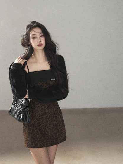 AOMALM - "Wildland Reverie" Slate Brown Leopard Print Fitted Cami Dress & Obsidian Black Shawl