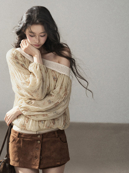 AOMALM - "Laurel's Sigh" Amber Yellow French-Inspired Asymmetrical Shoulder Floral Chiffon Blouse