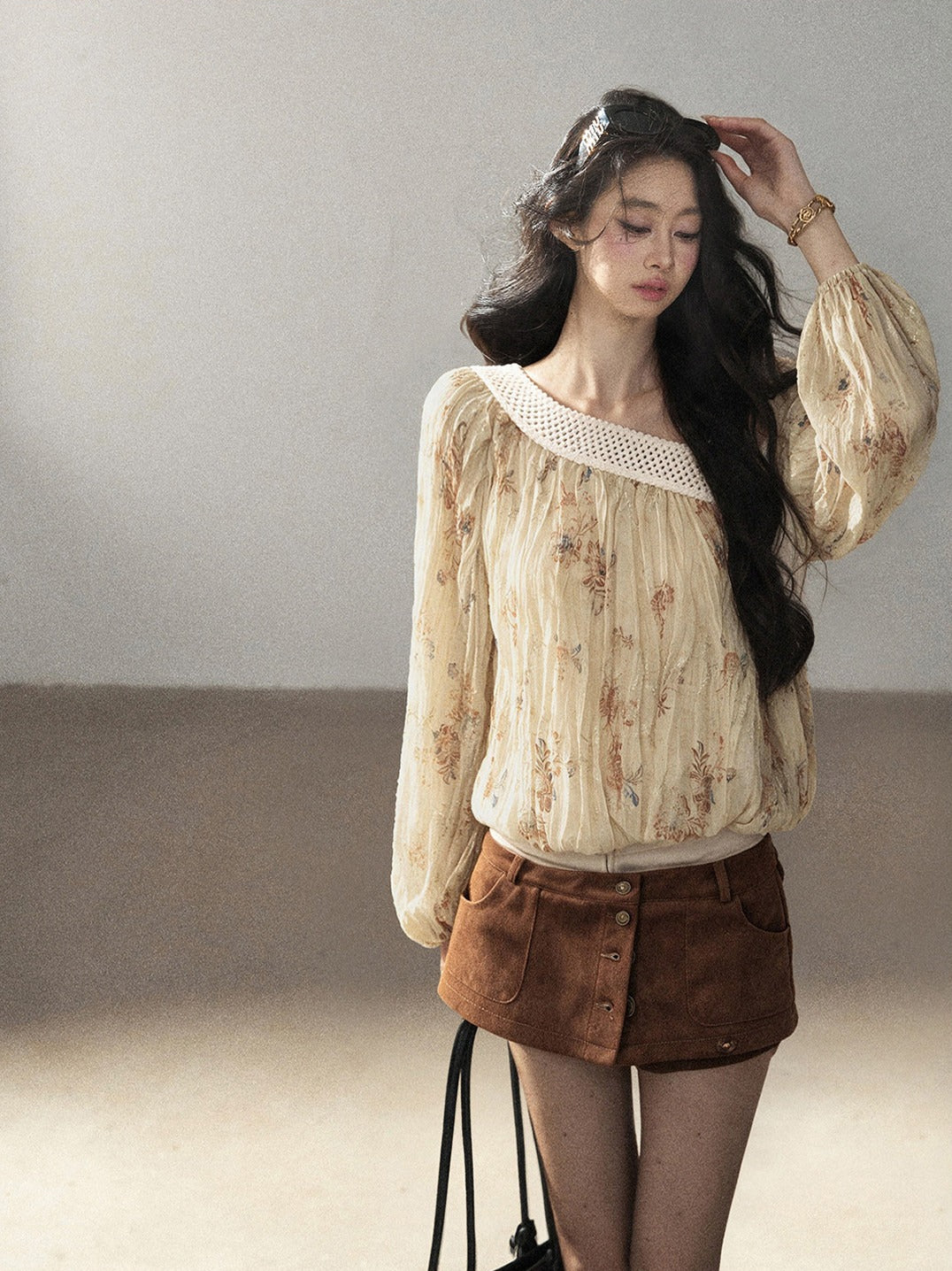 AOMALM - "Laurel's Sigh" Amber Yellow French-Inspired Asymmetrical Shoulder Floral Chiffon Blouse