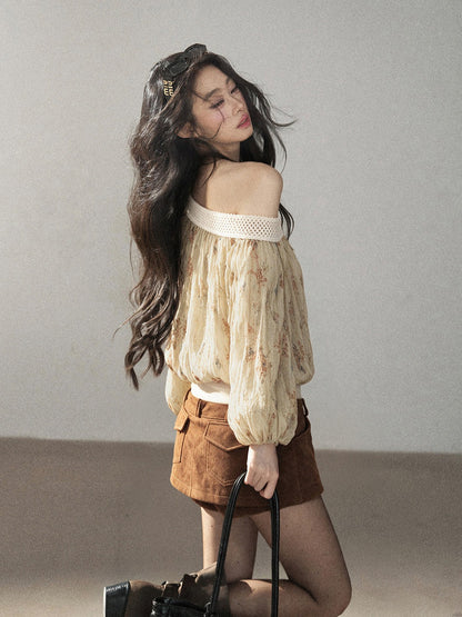 AOMALM - "Laurel's Sigh" Amber Yellow French-Inspired Asymmetrical Shoulder Floral Chiffon Blouse
