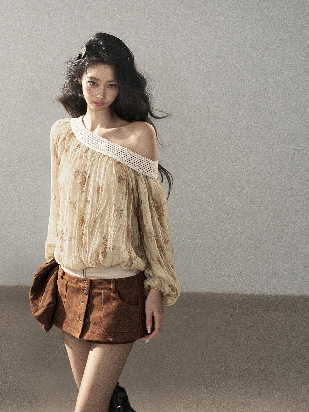 AOMALM - "Laurel's Sigh" Amber Yellow French-Inspired Asymmetrical Shoulder Floral Chiffon Blouse