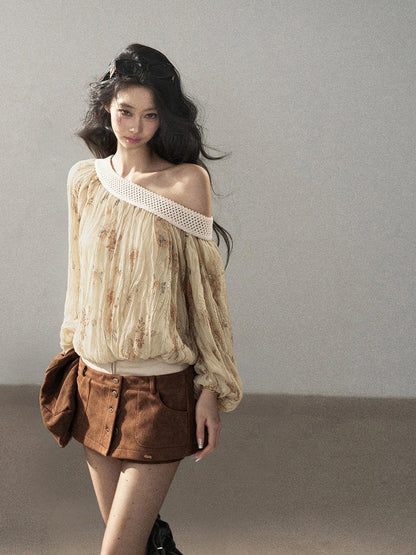 AOMALM - "Laurel's Sigh" Amber Yellow French-Inspired Asymmetrical Shoulder Floral Chiffon Blouse