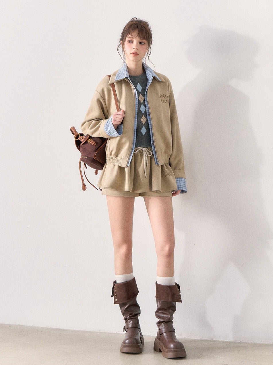 [TMMG] Light Khaki Suede Faux Two-Piece Jacket & Skirt Set