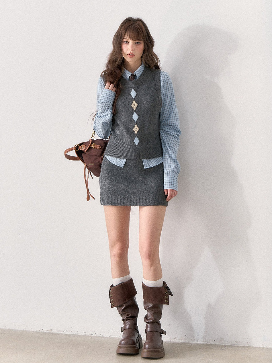 [TMMG] British Collegiate Gray Diamond Knit 3-Piece Set