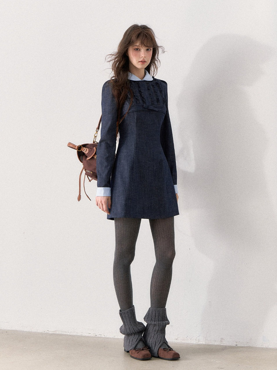 [TMMG] French Vintage Deep Navy Faux Two-Piece Ruffle Dress