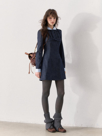 [TMMG] French Vintage Deep Navy Faux Two-Piece Ruffle Dress