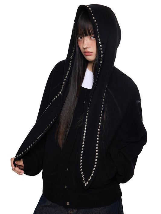 EZEK | Bunny Ear Studded Hoodie Sweatshirt (Deep Gray / Black / Caramel)