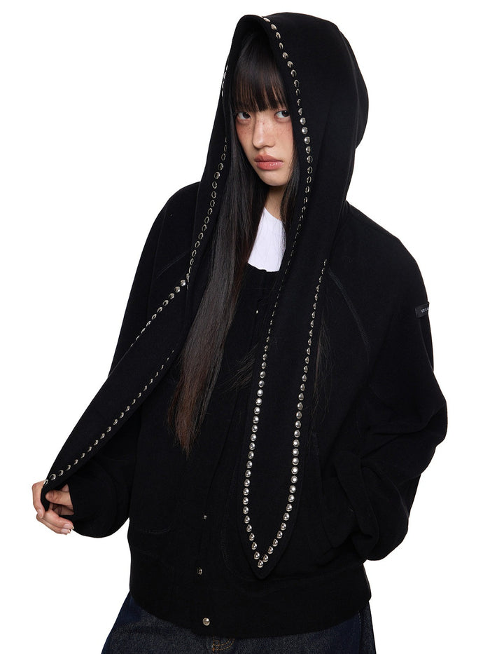EZEK | Bunny Ear Studded Hoodie Sweatshirt (Deep Gray / Black / Caramel)