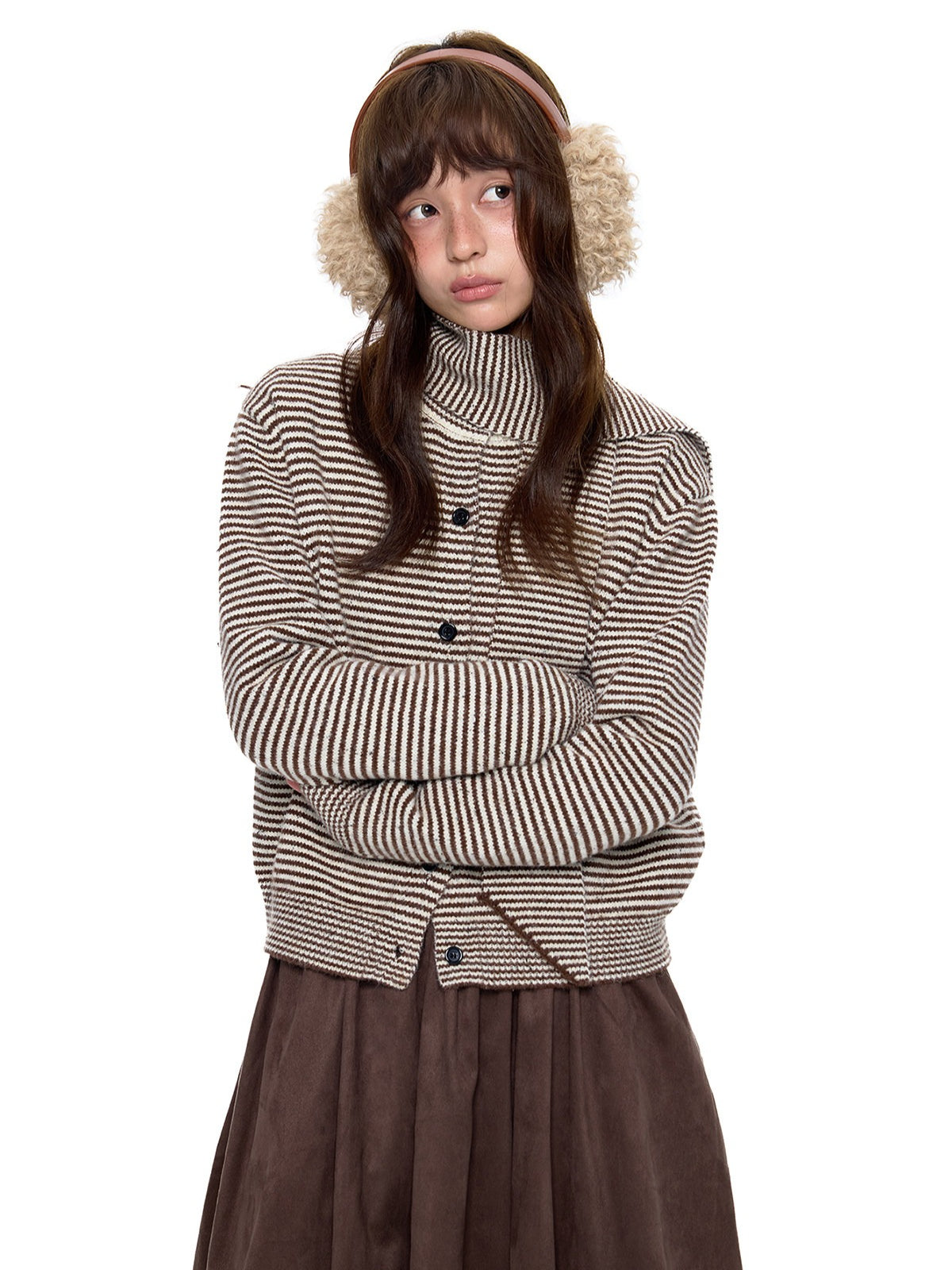 EZEK | Speckled Crew Neck Cardigan Sweater (Gray / Caramel)