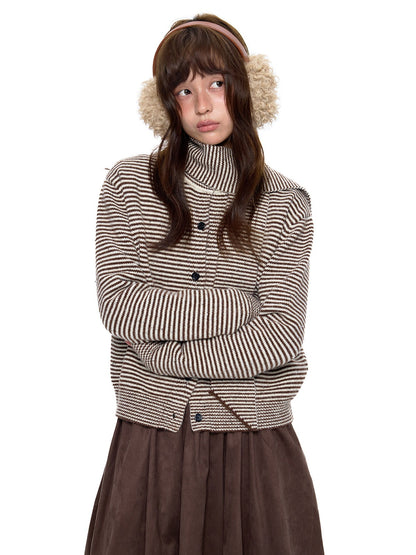 EZEK | Speckled Crew Neck Cardigan Sweater (Gray / Caramel)