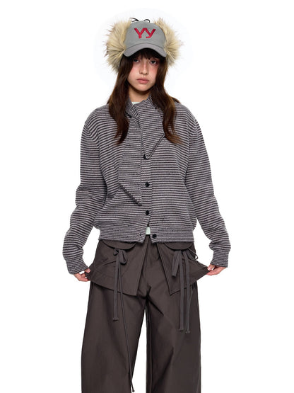 EZEK | Speckled Crew Neck Cardigan Sweater (Gray / Caramel)