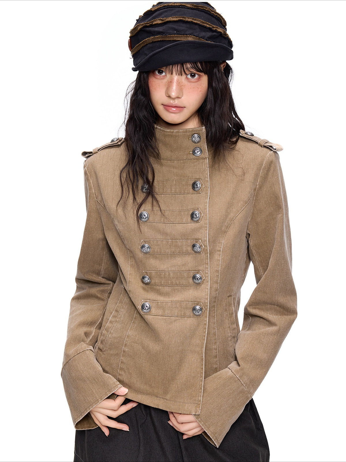 EZEK | Vintage Wash Napoleon Denim Jacket (Brown / Black)