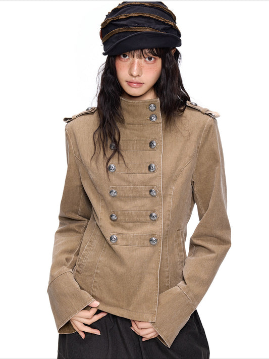 EZEK | Vintage Wash Napoleon Denim Jacket (Brown / Black)