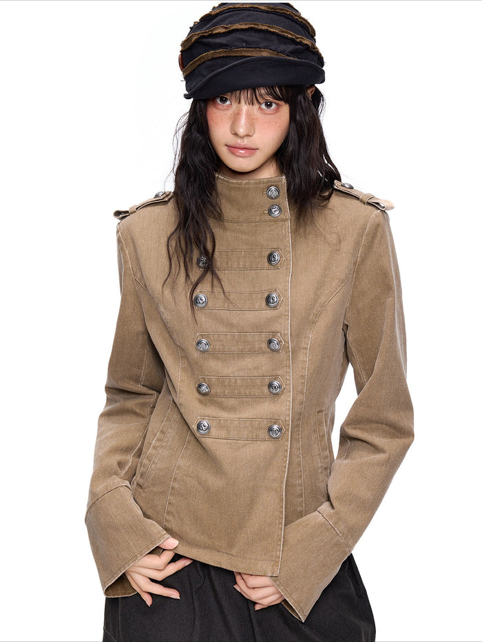 EZEK | Vintage Wash Napoleon Denim Jacket (Brown / Black)
