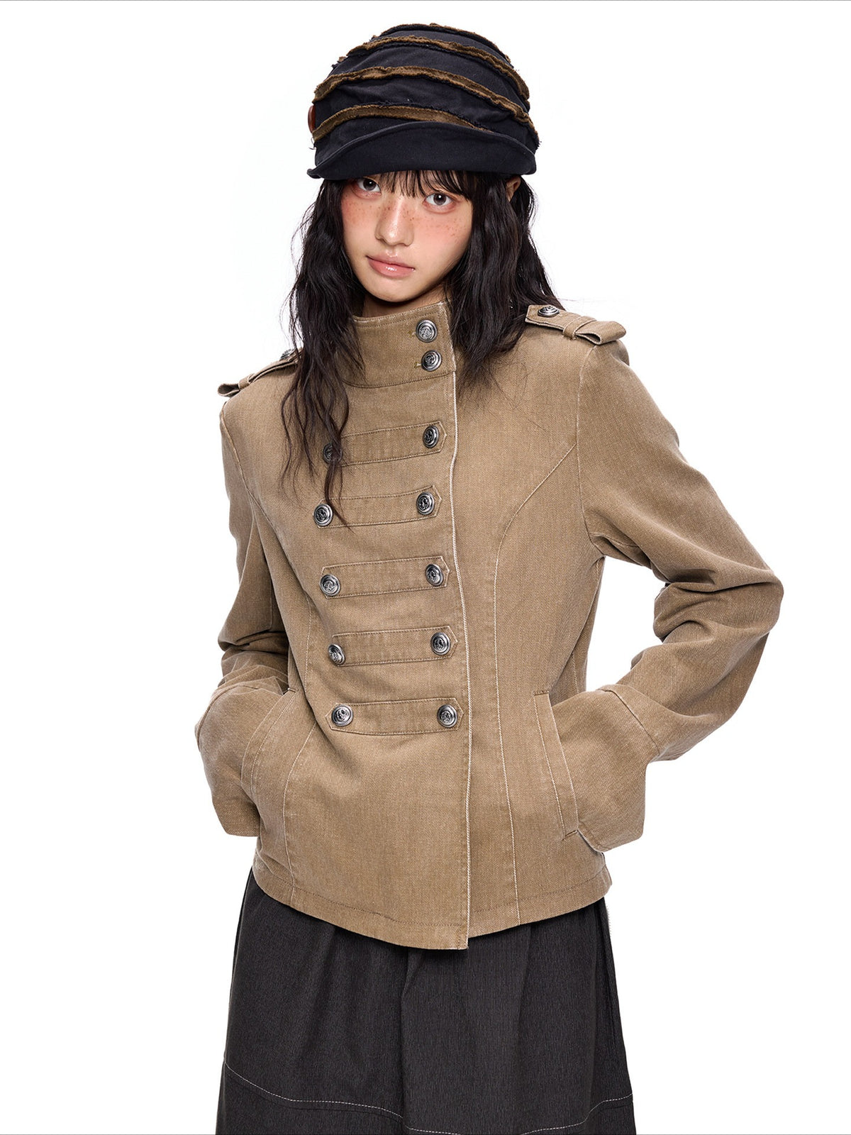 EZEK | Vintage Wash Napoleon Denim Jacket (Brown / Black)