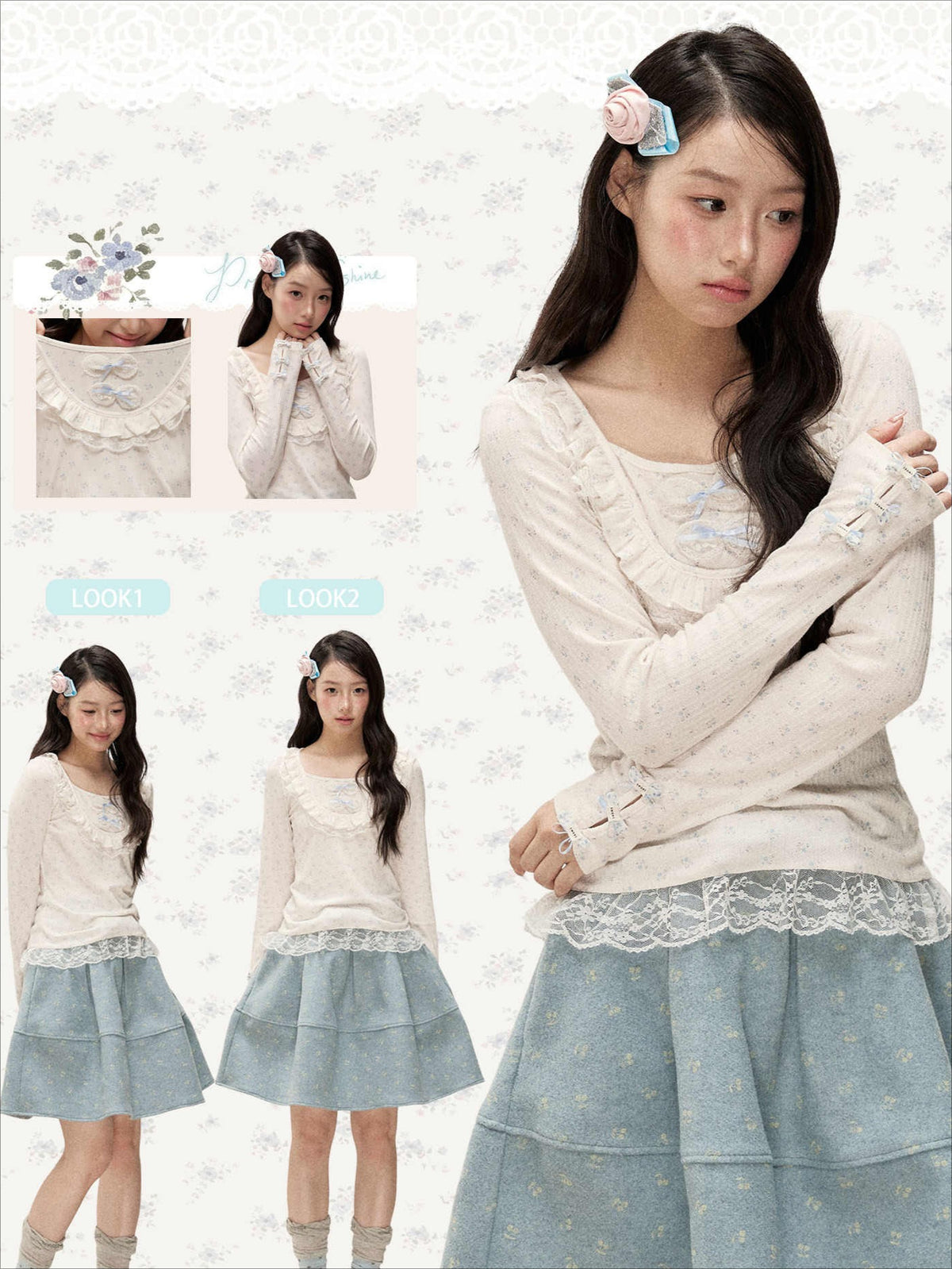[RF] Cream Floral Peter Pan Collar Long-Sleeve Fitted Layering Top with Lace Details