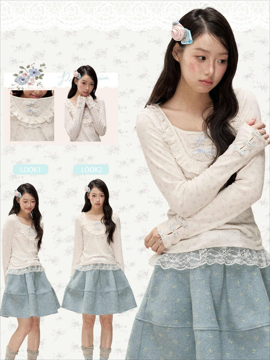 [RF] Cream Floral Peter Pan Collar Long-Sleeve Fitted Layering Top with Lace Details