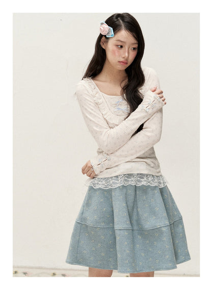 [RF] Cream Floral Peter Pan Collar Long-Sleeve Fitted Layering Top with Lace Details