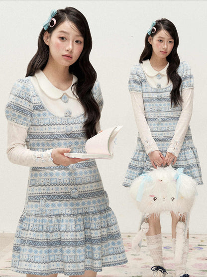 [RF] Vintage Geometric Jacquard Peter Pan Collar Knit Dress with Ruffle Hem
