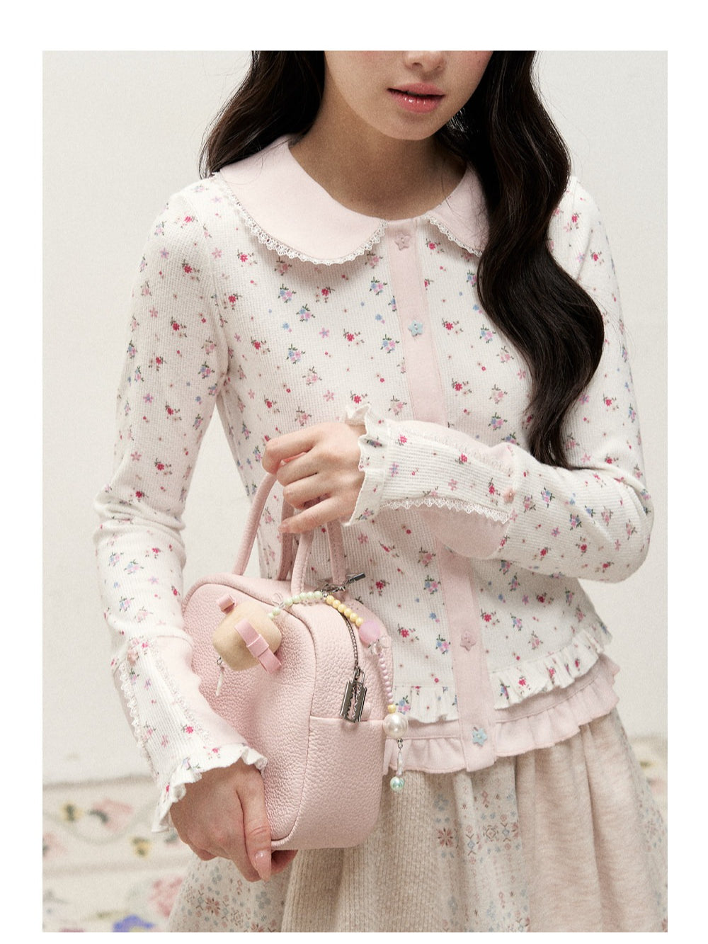 [RF] Waffle Texture Peter Pan Collar Floral Cardigan in Soft Pink