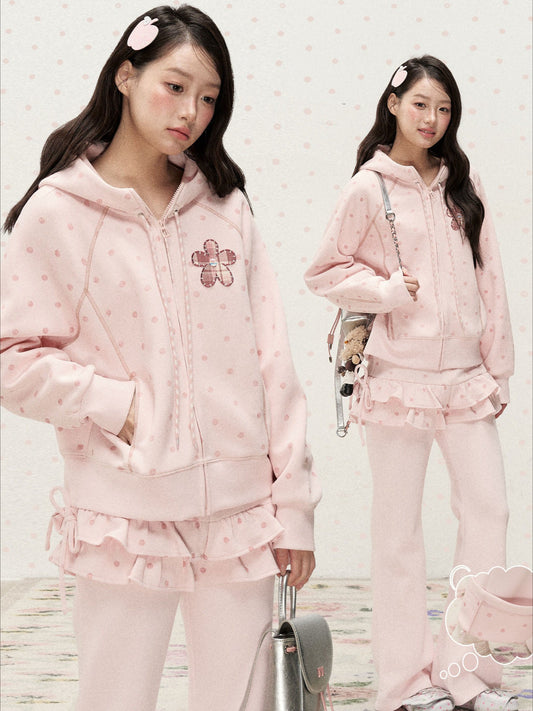 [RF] Polka Dot Hoodie and Pants Set with Zip Closure in Soft Pink