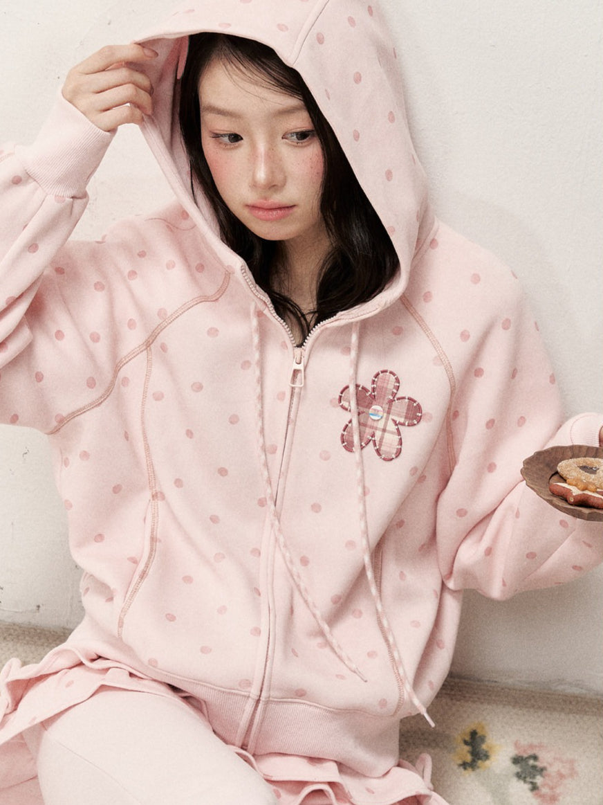 [RF] Polka Dot Hoodie and Pants Set with Zip Closure in Soft Pink