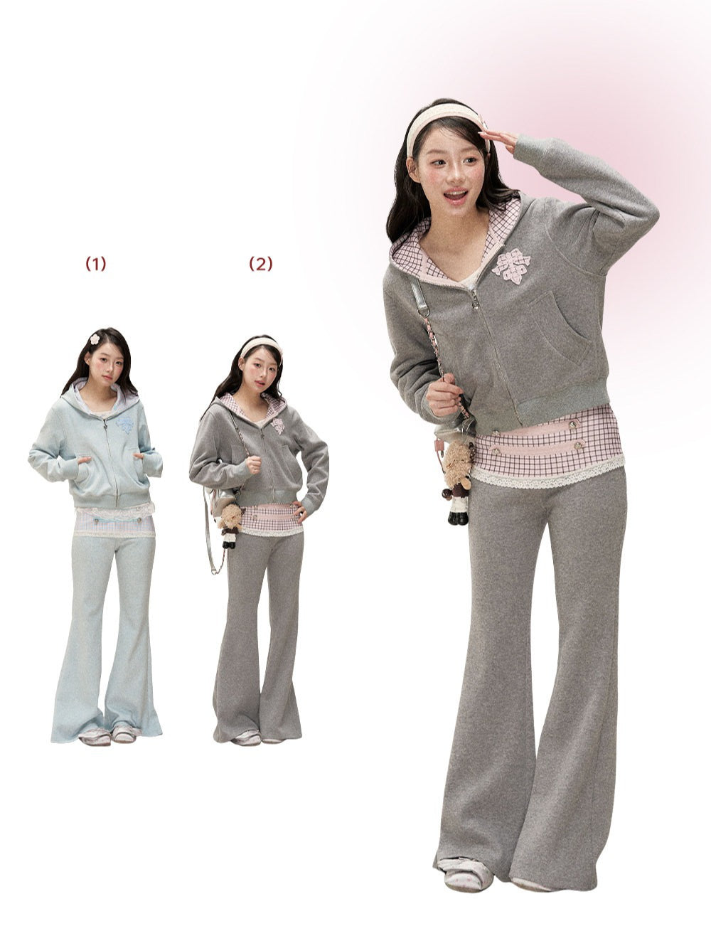 [RF] Soft Gingham Color-Block Hoodie and Flare Pants Set (Blue / Mauve)