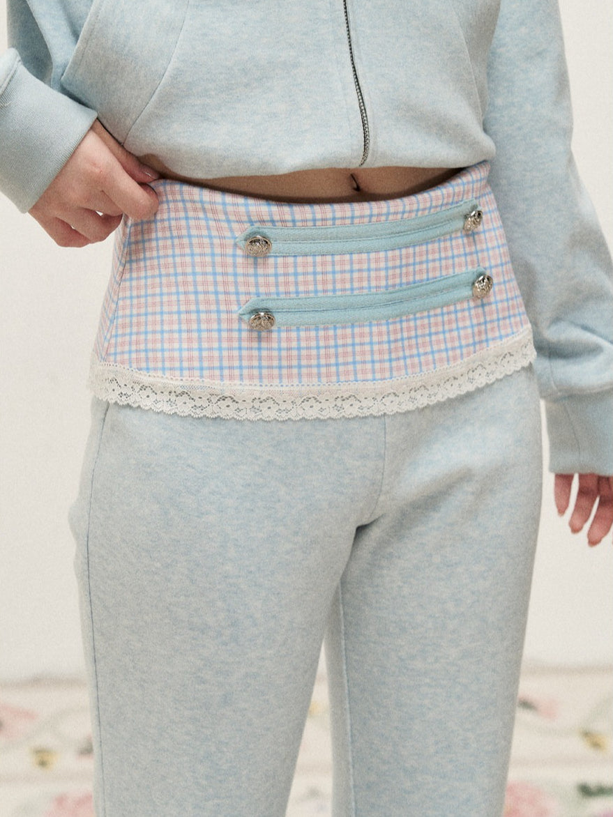 [RF] Soft Gingham Color-Block Hoodie and Flare Pants Set (Blue / Mauve)