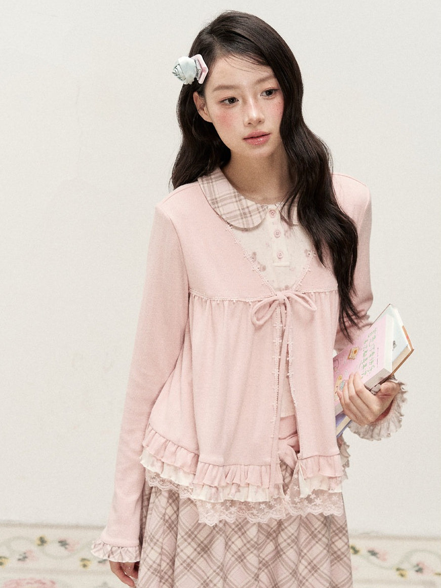 [RF] Vintage-Inspired Gingham Check Two-Piece Set with V-Neck Top and Pleated Skirt