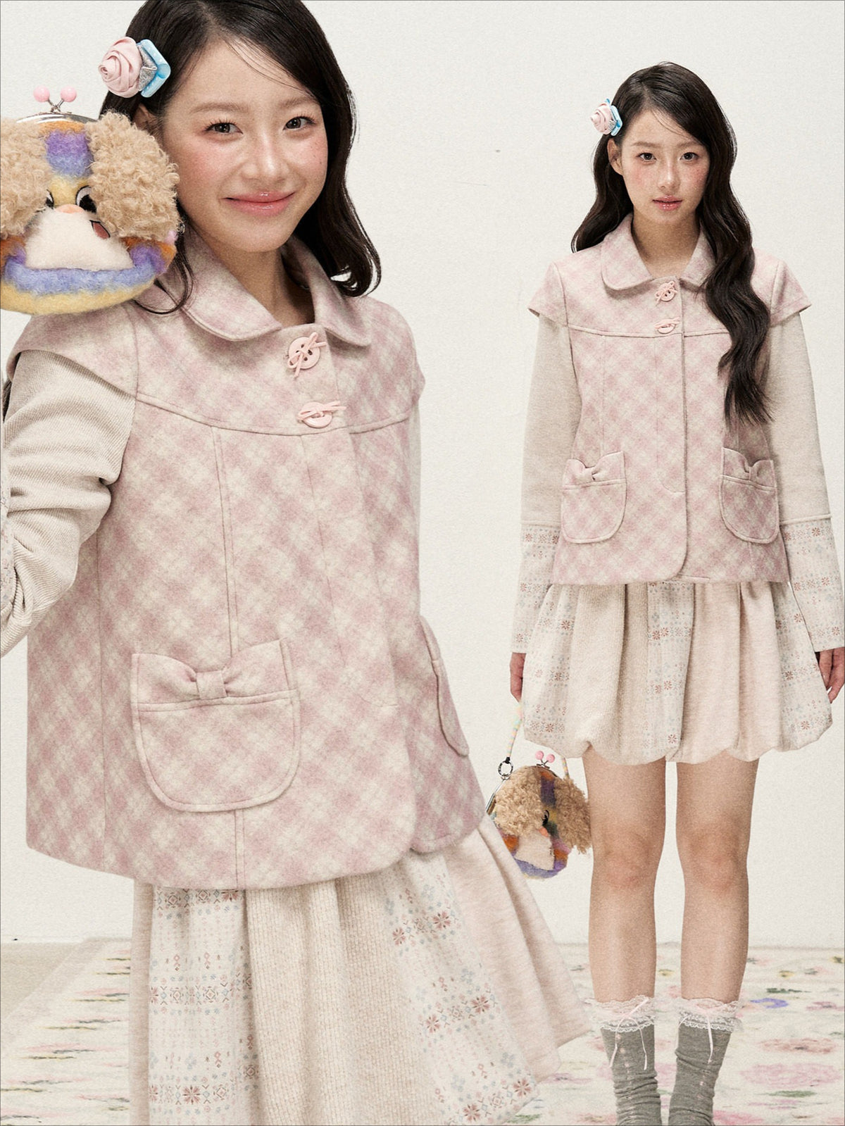 [RF] Pink Gingham Wool Blend Cropped Coat with Peter Pan Collar
