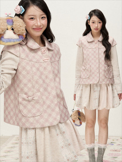 [RF] Pink Gingham Wool Blend Cropped Coat with Peter Pan Collar