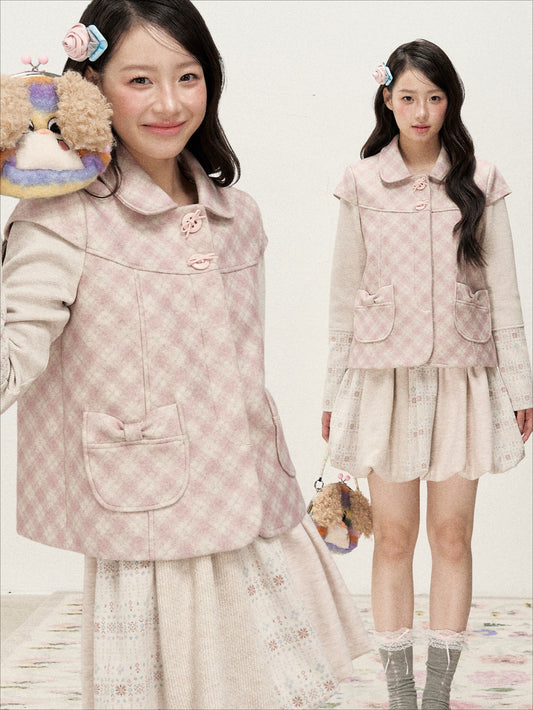 [RF] Pink Gingham Wool Blend Cropped Coat with Peter Pan Collar