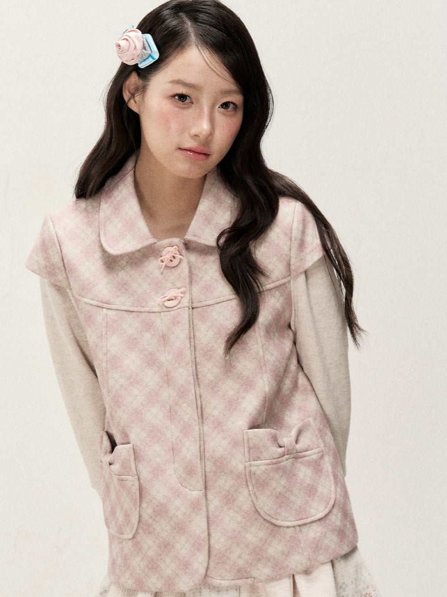 [RF] Pink Gingham Wool Blend Cropped Coat with Peter Pan Collar