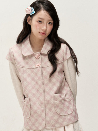 [RF] Pink Gingham Wool Blend Cropped Coat with Peter Pan Collar