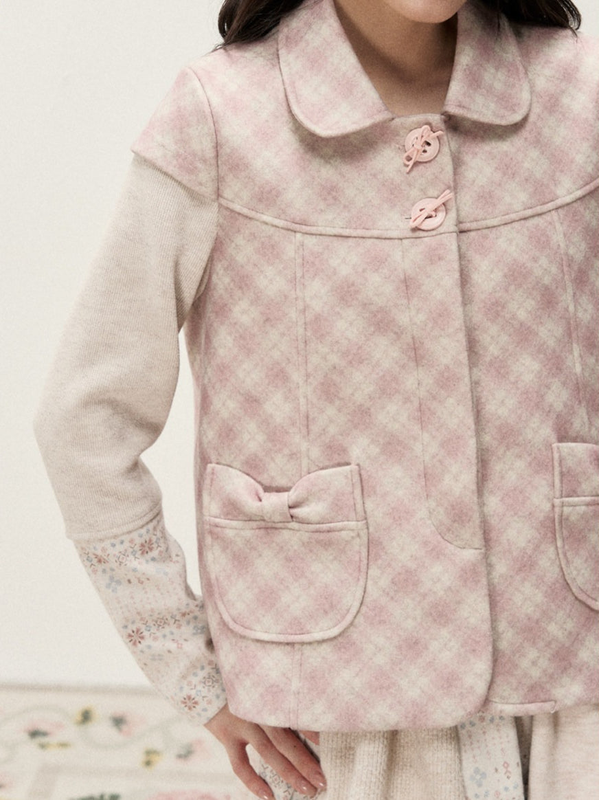 [RF] Pink Gingham Wool Blend Cropped Coat with Peter Pan Collar