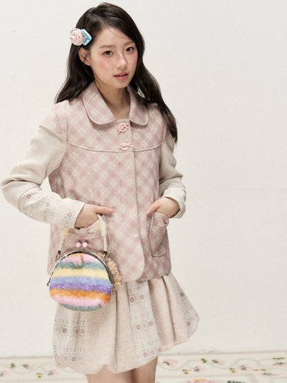 [RF] Pink Gingham Wool Blend Cropped Coat with Peter Pan Collar