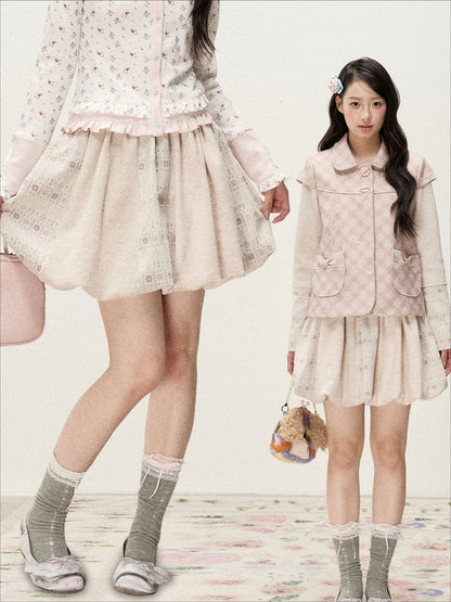 [RF] Vintage Floral Patchwork Knit Bubble Skirt in Blush Pink