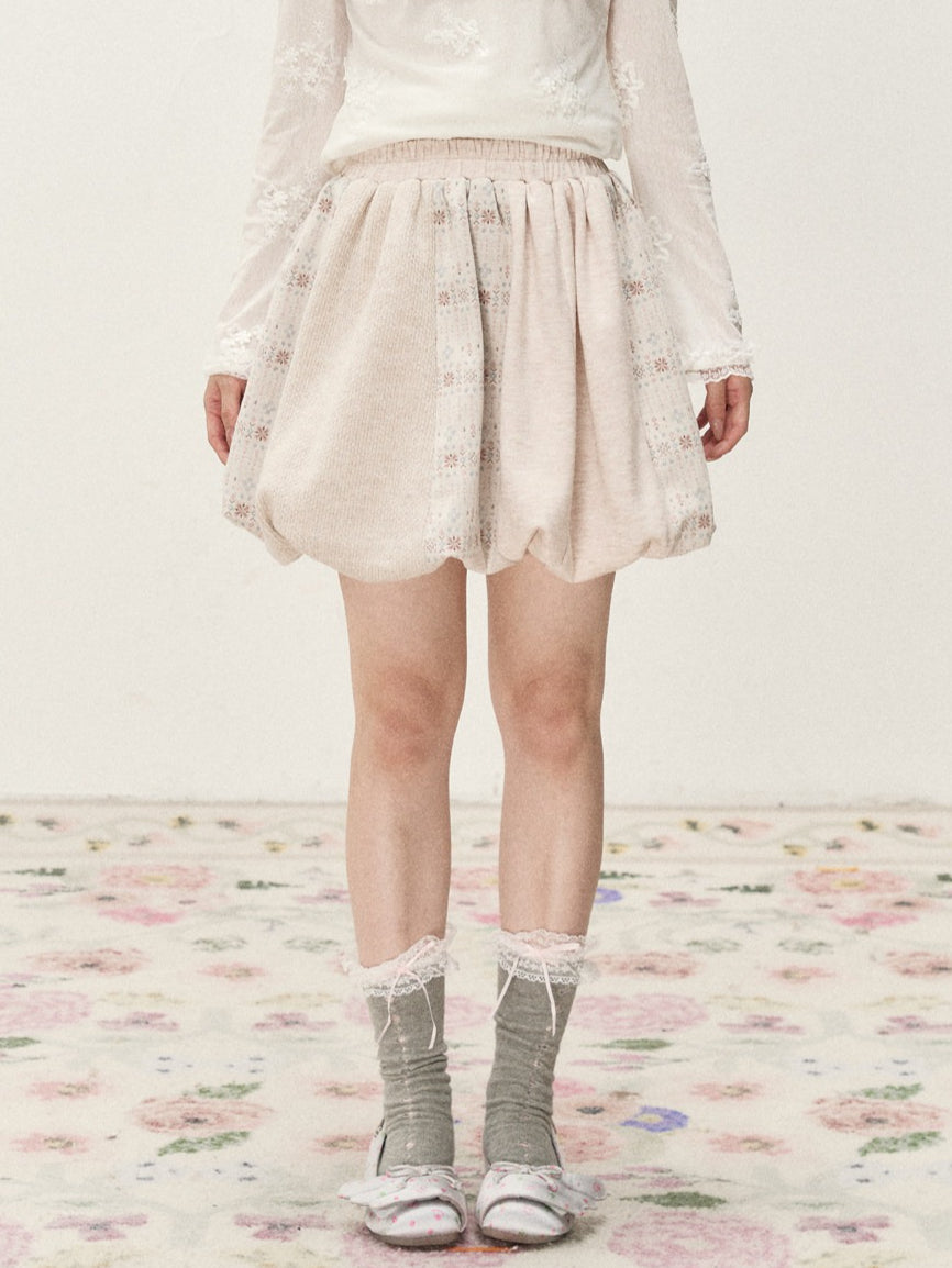 [RF] Vintage Floral Patchwork Knit Bubble Skirt in Blush Pink