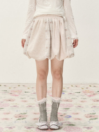 [RF] Vintage Floral Patchwork Knit Bubble Skirt in Blush Pink