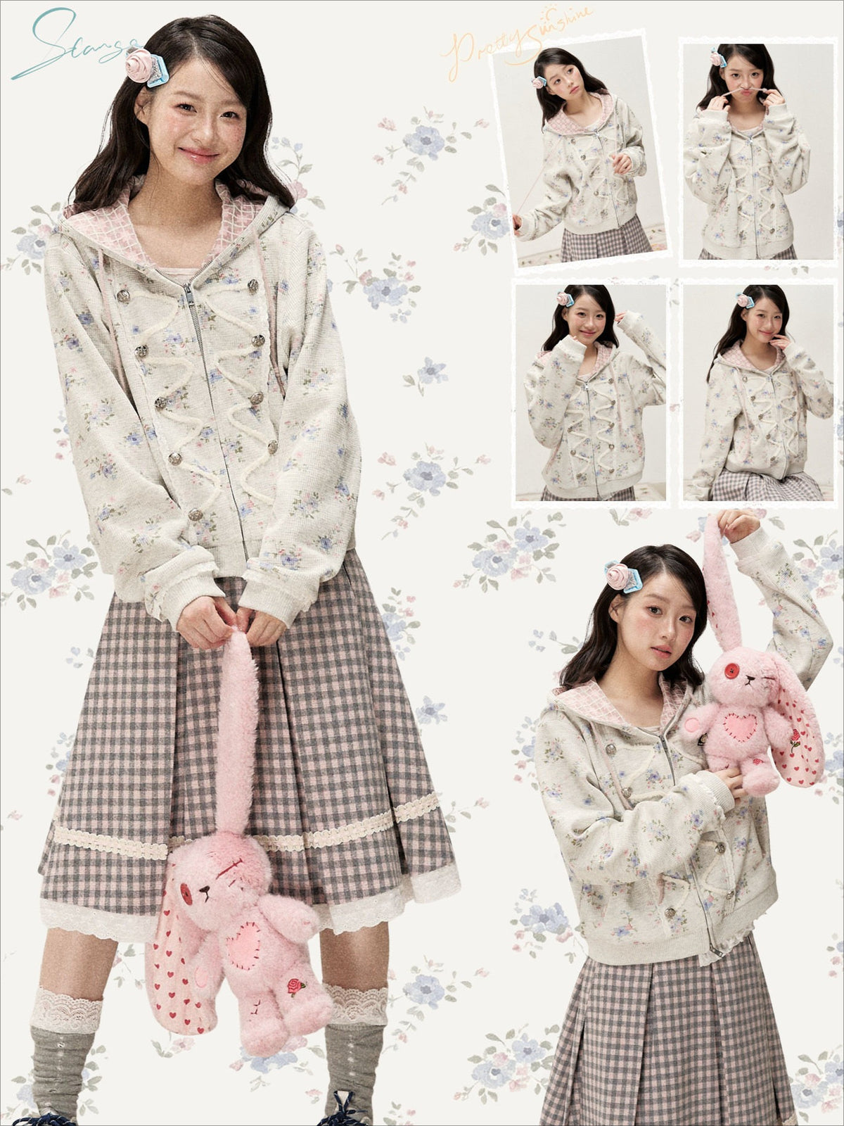 [RF] Vintage Floral Waffle Knit Hoodie Cardigan with Gingham Lining