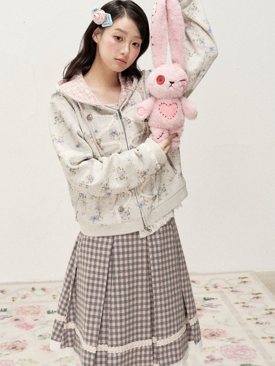 [RF] Vintage Floral Waffle Knit Hoodie Cardigan with Gingham Lining