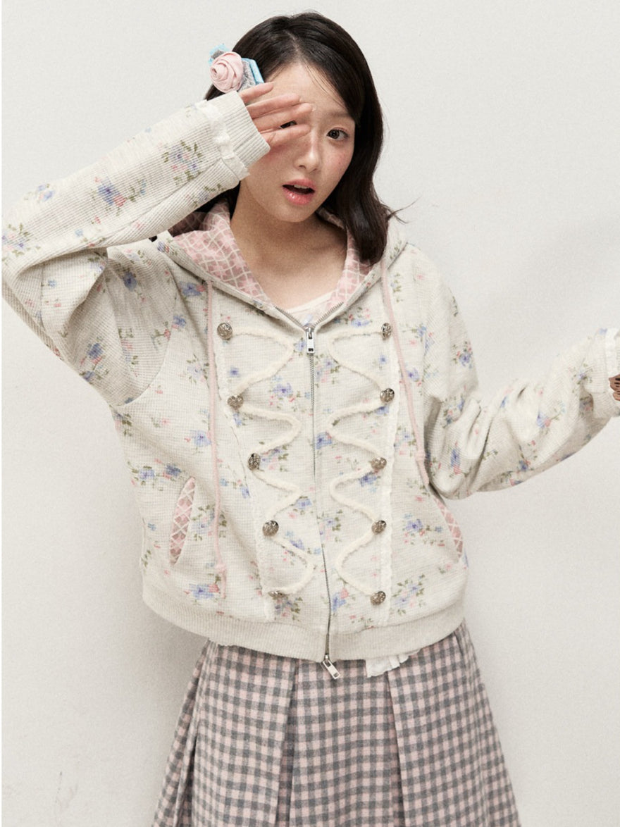 [RF] Vintage Floral Waffle Knit Hoodie Cardigan with Gingham Lining